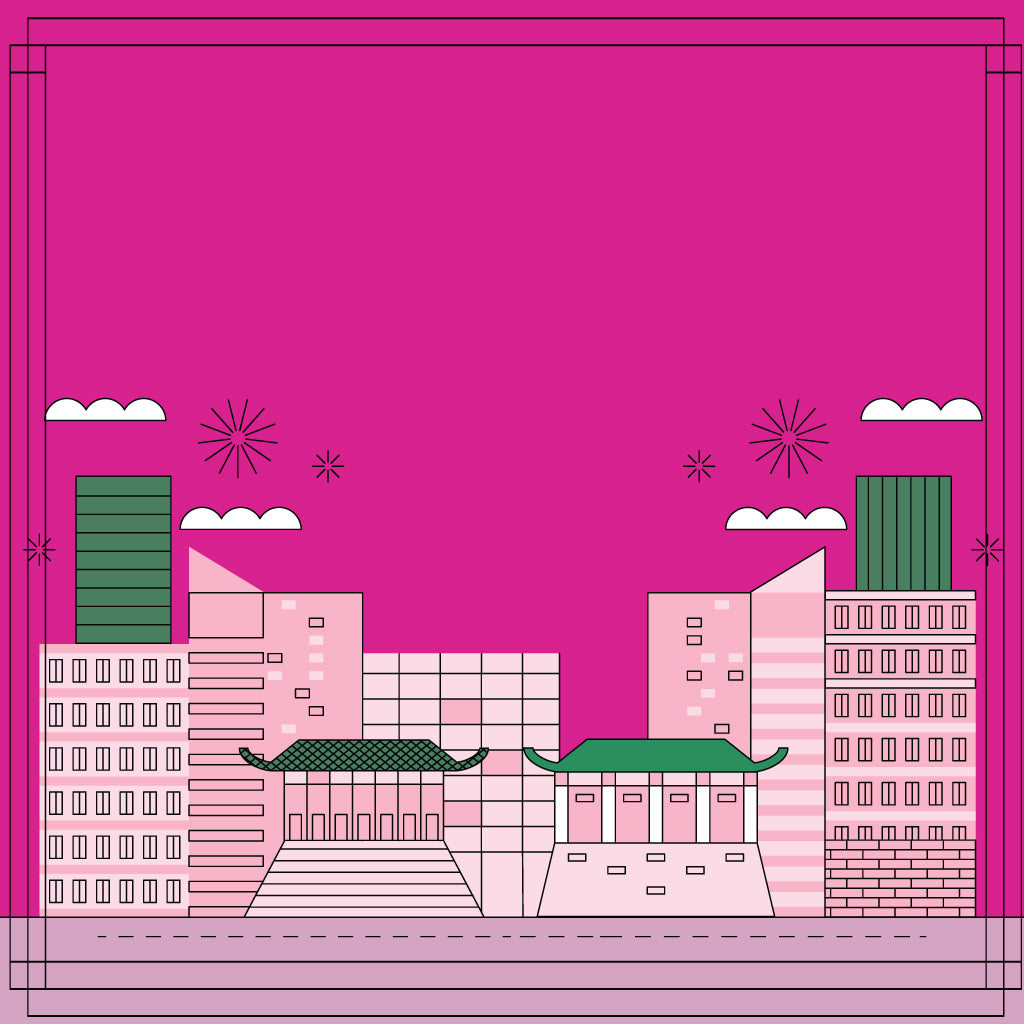 Illustration of a cityscape with traditional buildings on a pink background