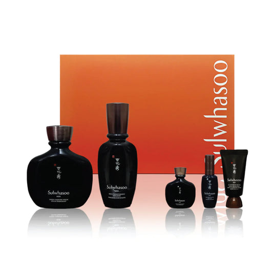 Sulwhasoo skincare product set with bottles and a box on a white background