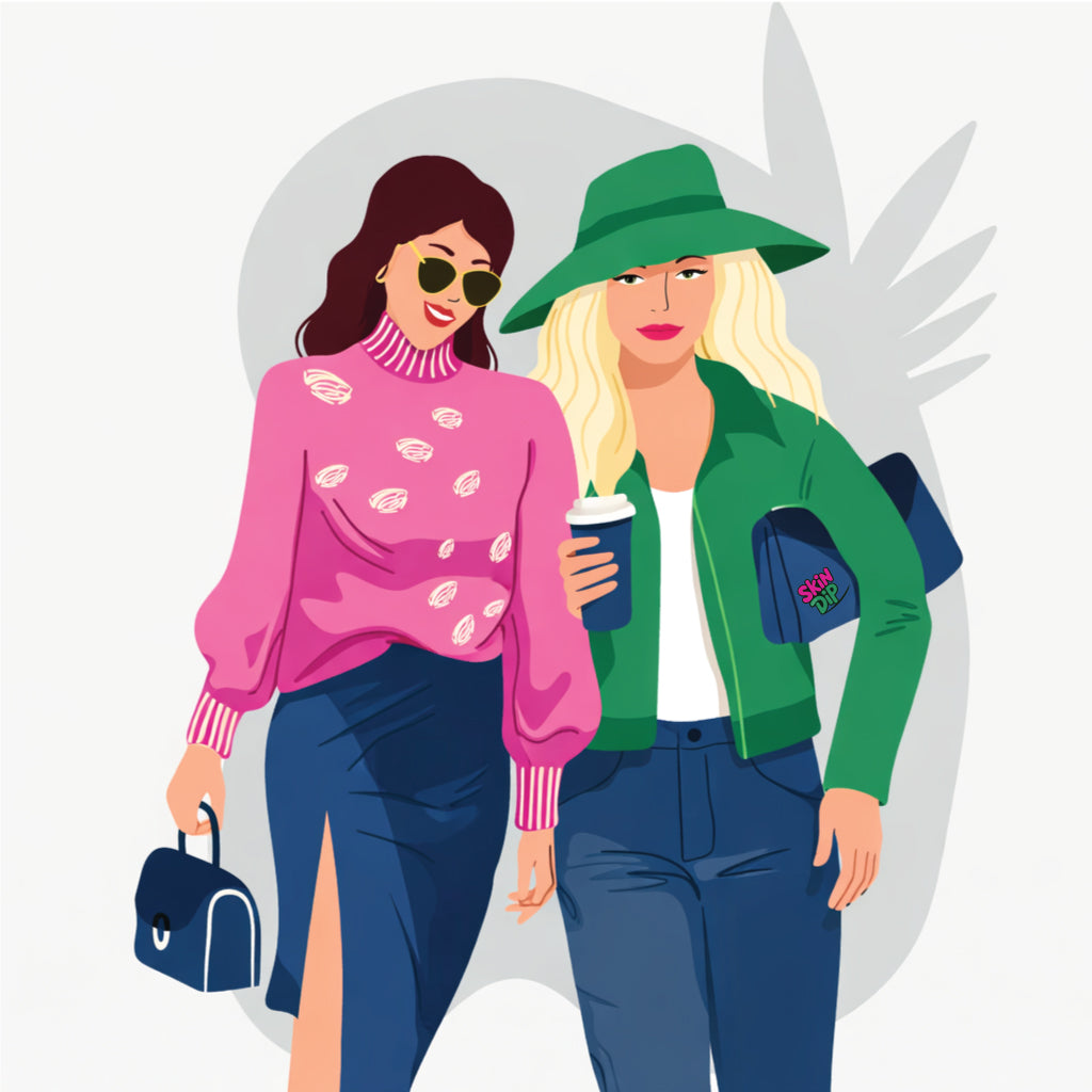 Illustration of two women walking together, one in a pink sweater and sunglasses, the other in a green jacket and hat with a coffee cup.