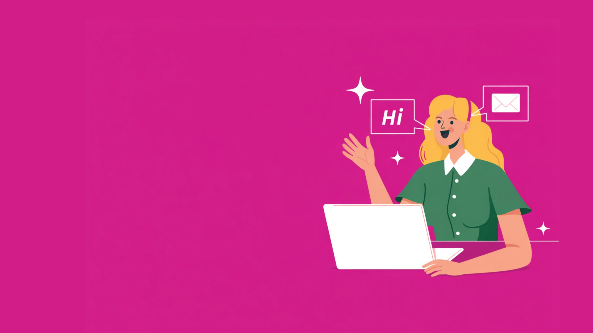 Illustration of a person using a laptop with 'Hi' text on a pink background