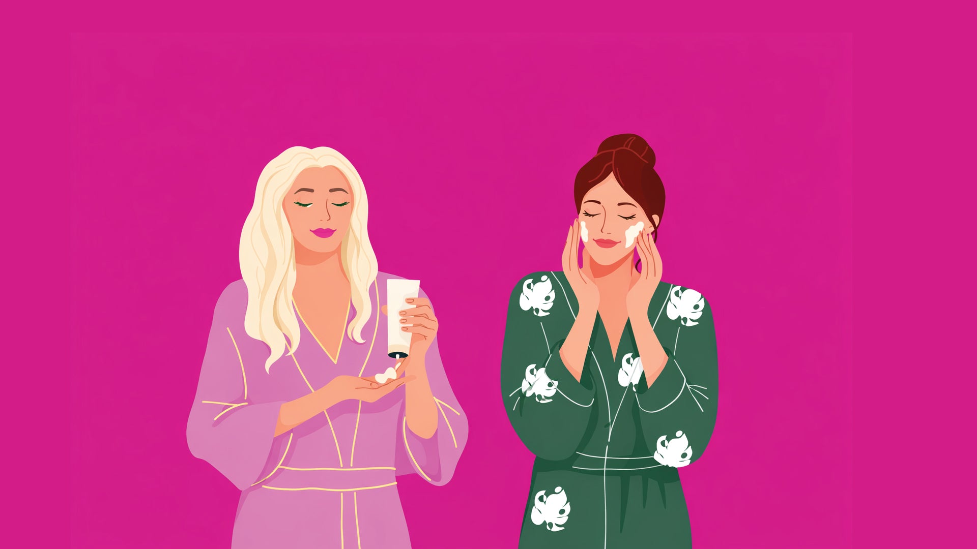 Two women in pajamas applying cream on a pink background