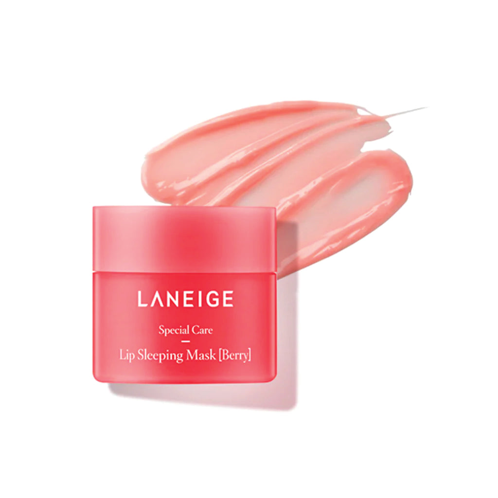 Laneige lip sleeping mask with a swatch of product on a white background